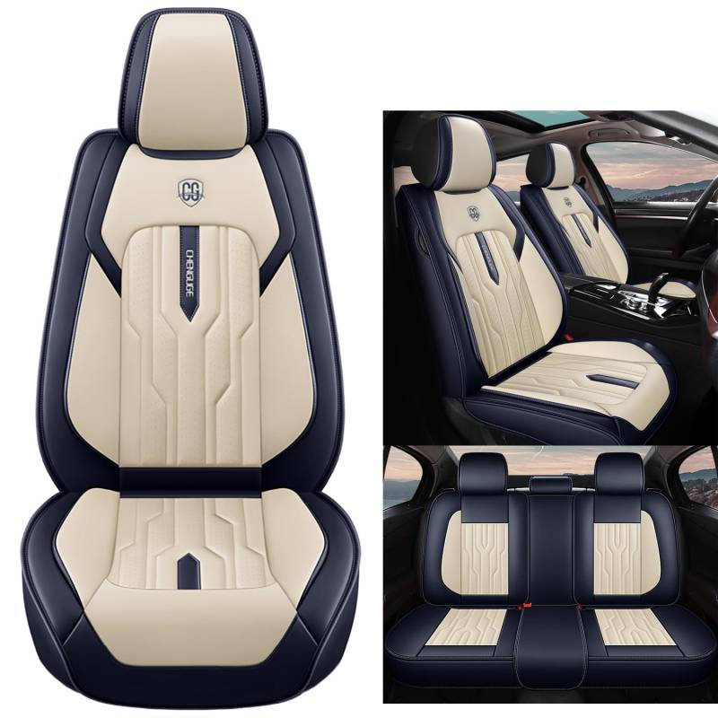 Eunncu Autositzbezüge komplettes Set Universal in Stylish Design | Schonbezüge für Vordersitze und Rückbank | Auto Sitzbezüge Airbag Kompatibel | Premium Wasserdicht Sitzbezug, Blau Beige von Eunncu