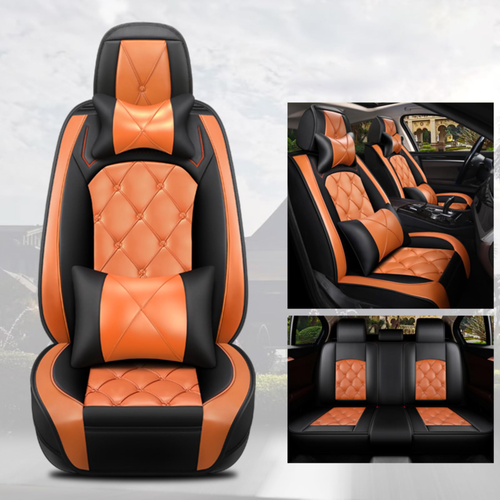 Eunncu Autositzbezüge komplettes Set Universal in Stylish Design | Schonbezüge für Vordersitze und Rückbank | Auto Sitzbezüge Airbag Kompatibel | Premium Wasserdicht Sitzbezug, Orange Farbe Luxus von Eunncu