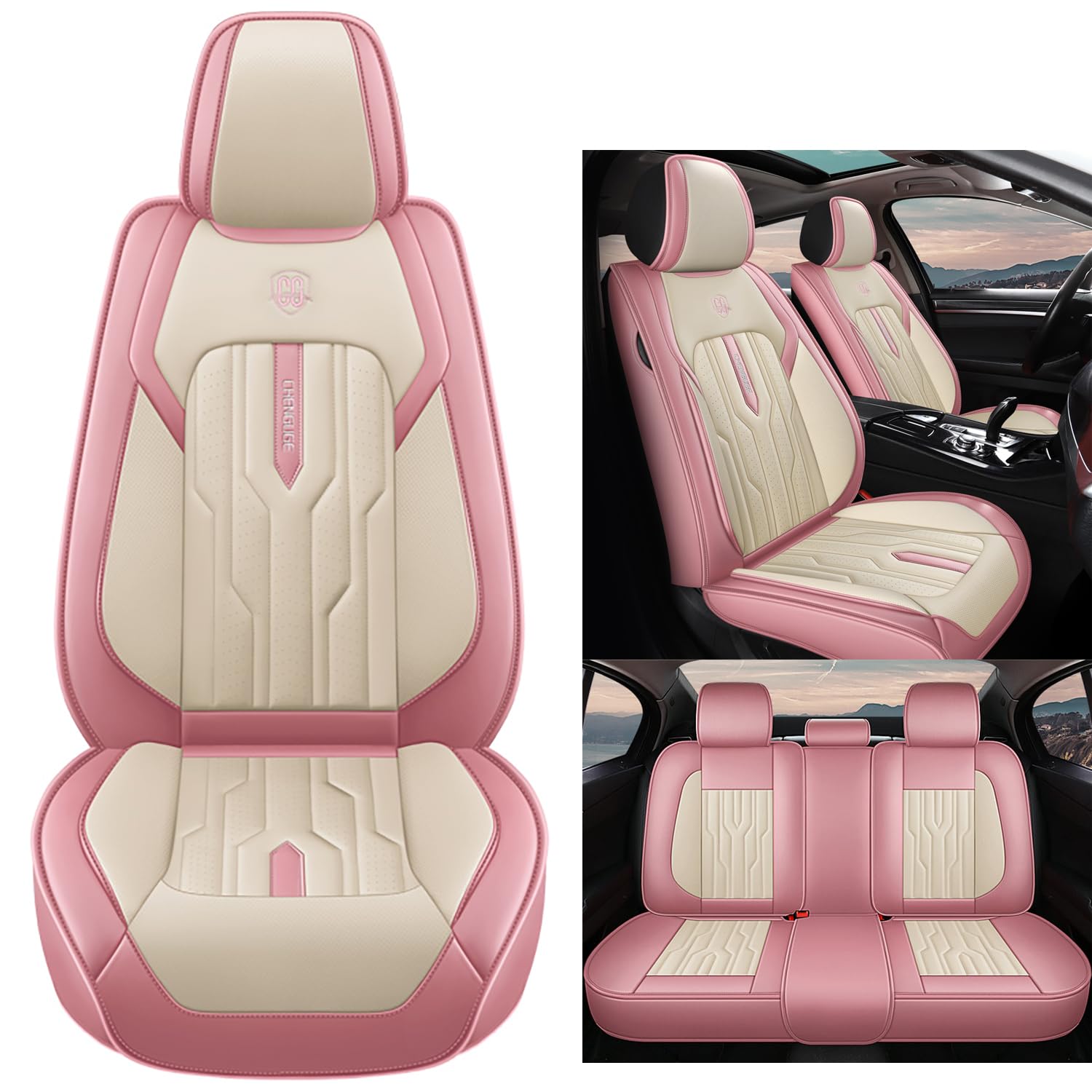 Eunncu Autositzbezüge komplettes Set Universal in Stylish Design | Schonbezüge für Vordersitze und Rückbank | Auto Sitzbezüge Airbag Kompatibel | Premium Wasserdicht Sitzbezug, Rosa Beige von Eunncu