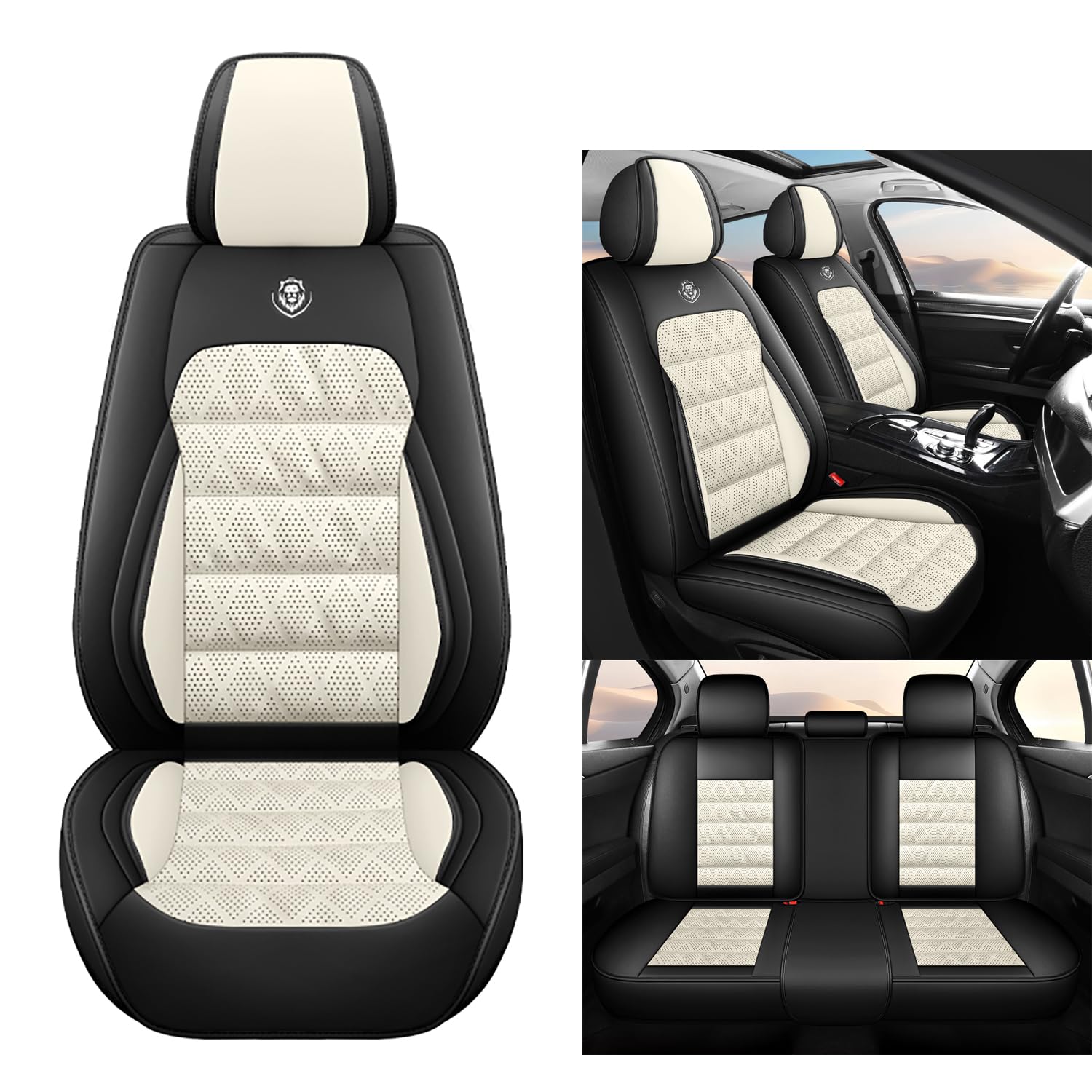 Eunncu Autositzbezüge komplettes Set Universal in Stylish Design | Schonbezüge für Vordersitze und Rückbank | Auto Sitzbezüge Airbag Kompatibel | Premium Wasserdicht Sitzbezug, Schwarz Beige von Eunncu