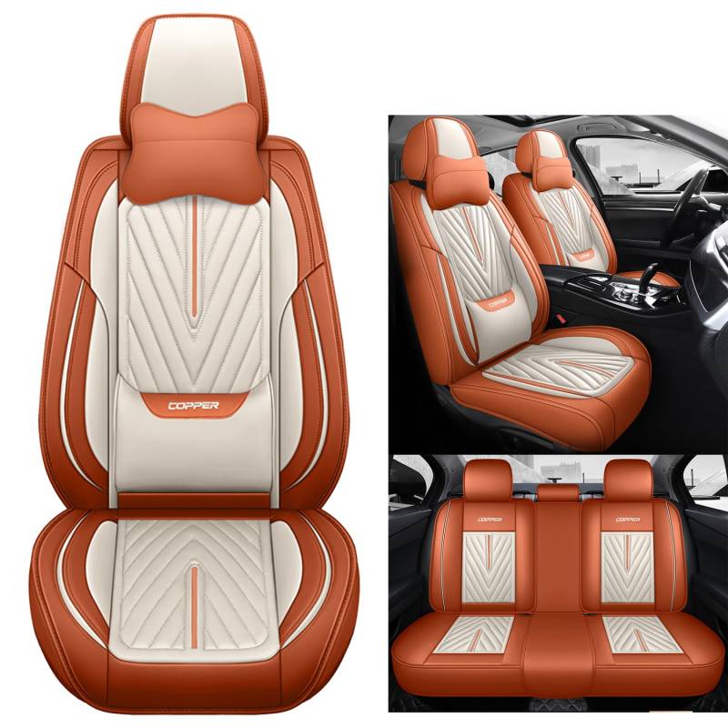 Eunncu Autositzbezüge komplettes Set Universal in Stylish Design | Schonbezüge für Vordersitze und Rückbank | Auto Sitzbezüge Airbag Kompatibel | Premium Wasserdicht Sitzbezug, Weiß Orange von Eunncu