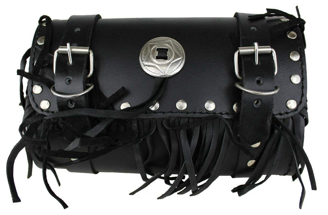 Motorrad Werkzeugtasche, Werkzeugrolle, Satteltasche Echt Leder wasserdichte Rolle, Biker Chopper Toolbag Lenkerrolle, Custom Biker Gepäck Taschen mit Leder Fransen und Nitten Schwarz von Euro Stars