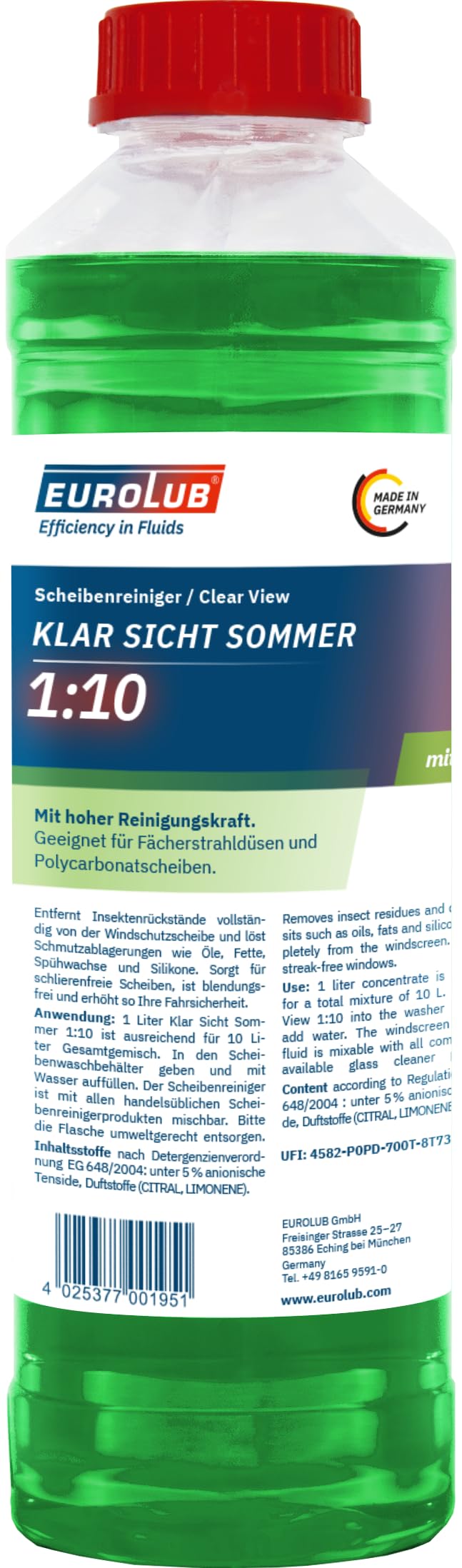 EUROLUB KLAR SICHT Sommer 1:10 Scheibenreiniger-Konzentrat, 1 Liter von EUROLUB