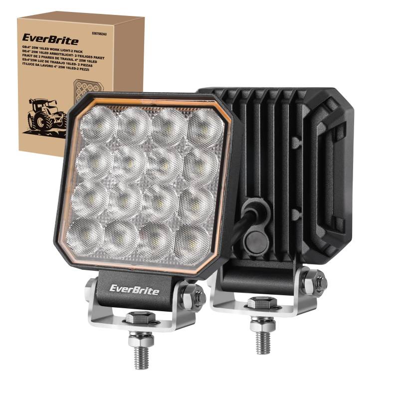 EverBrite LED Arbeitsscheinwerfer 12V/24V, 2tlg. 25W Zusatzscheinwerfer Set, Arbeitslicht mit 16 LEDs, IP66 Wasserdicht, Scheinwerfer für SUV Auto Traktor Bagger Off-Road-Fahrzeuge von EverBrite