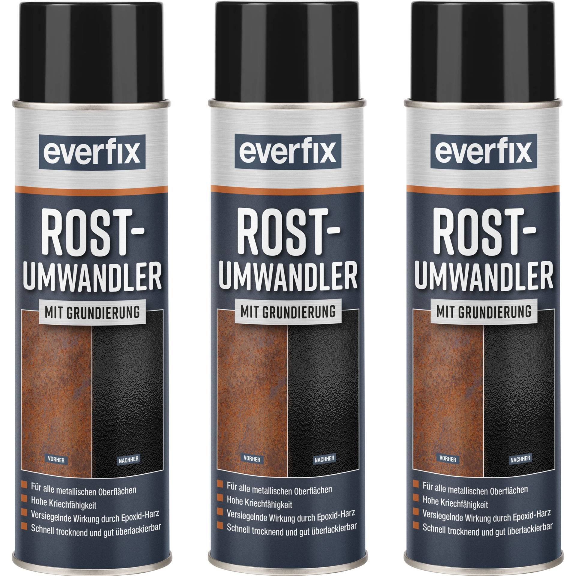 Everfix Rostumwandler Spray mit Grundierung (3 x 500 ml) Rostentferner für Metall - Rost entfernen an Auto, Fahrrad, Zaun, etc. von Everfix