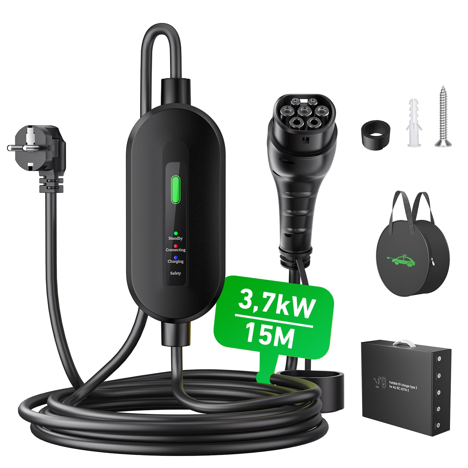 EVJUICION Ladekabel Elektroauto Typ 2 Schuko 16A, Typ 2 Ladekabel Schuko 3.68kw, Ladekabel E Auto, Ladekabel typ 2 Schuko, 1-phasig EV Charger (Schwarz, 15M) von Evjuicion