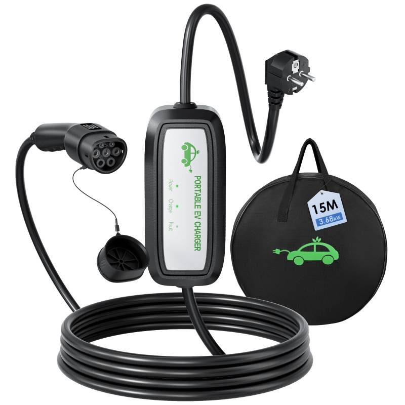 Evjuicion Ladekabel Typ 2 Schuko 3.68kW, 16A Ladekabel Elektroauto Typ 2 Schuko, 15M E Auto ladekabel Typ 2 Schuko, EV Charger mit Tragetasche, für PHEV/EV, Typ 2 & CCS2 (IEC 62196-2) (15M) von Evjuicion