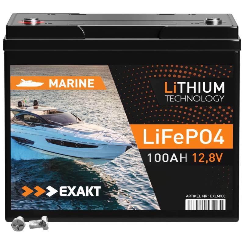 EXAKT LiFePO4 100Ah Marine Batterie 12V Bootsbatterie Elektro Außenborder Boot Motor Lithium Batterie Solarbatterie Akku von Exakt