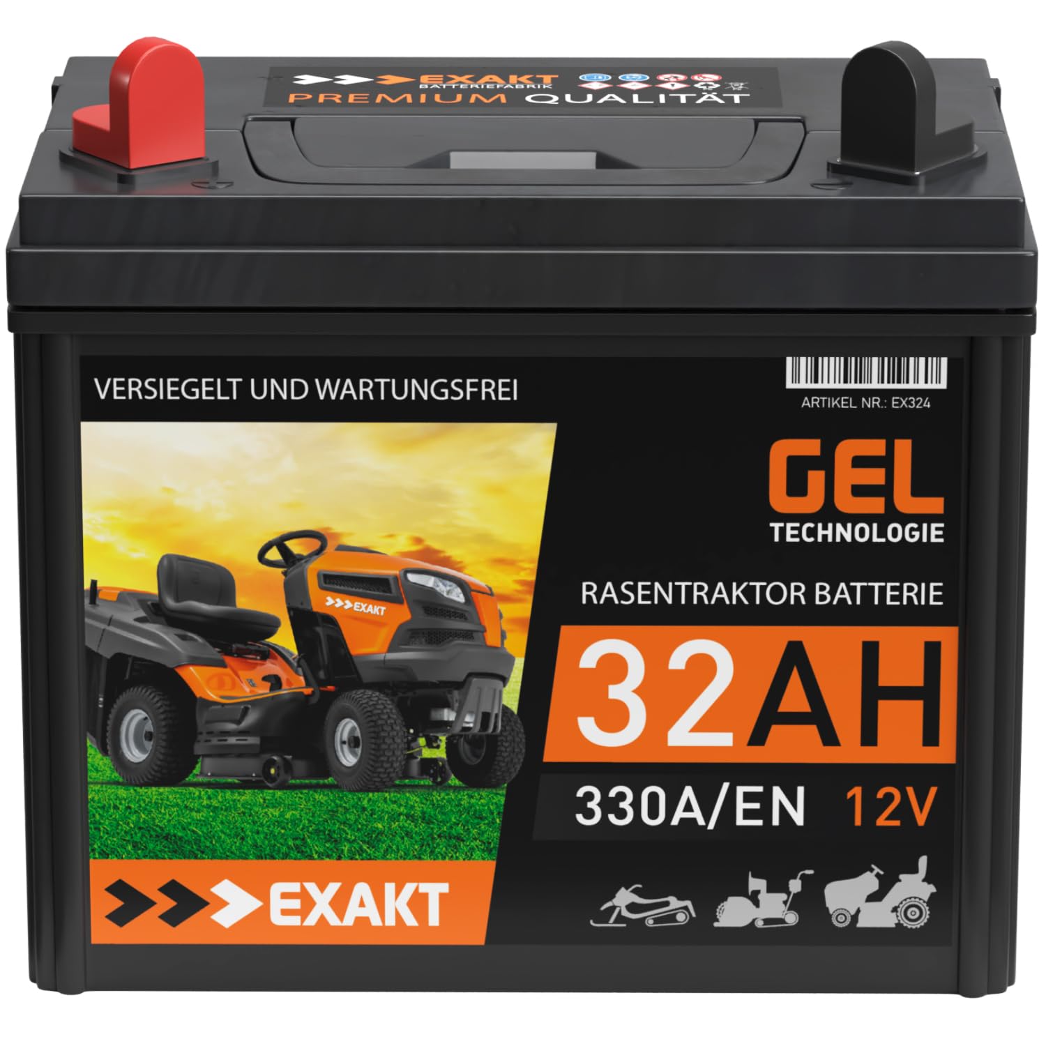 EXAKT Rasentraktor Batterie 32Ah 12V GEL Batterie Plus Pol Links Aufsitzmäher Rasenmäher Starterbatterie ersetzt 26Ah 28Ah 30Ah von Exakt