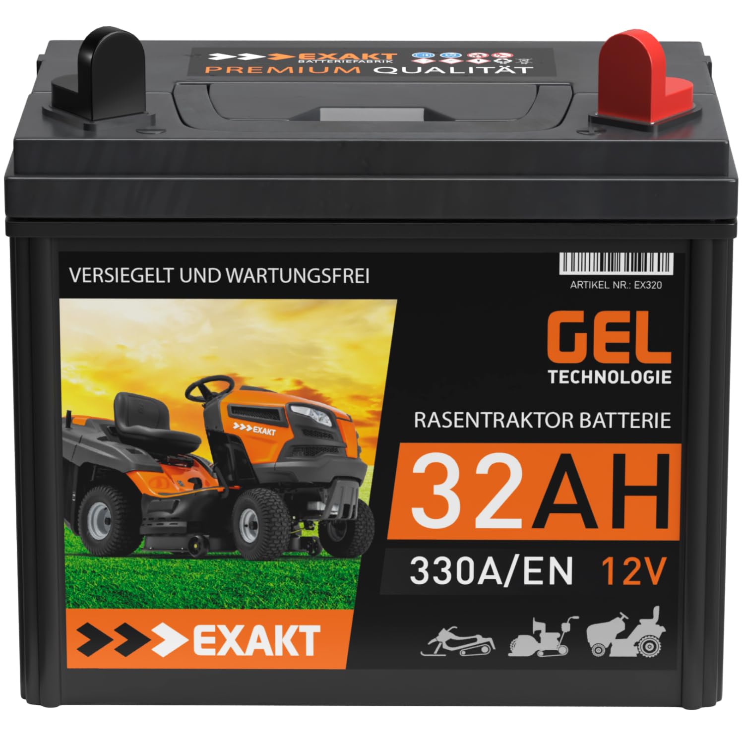 EXAKT Rasentraktor Batterie 32Ah 12V GEL Batterie Plus Pol Rechts Aufsitzmäher Rasenmäher Starterbatterie ersetzt 26Ah 28Ah 30Ah von Exakt