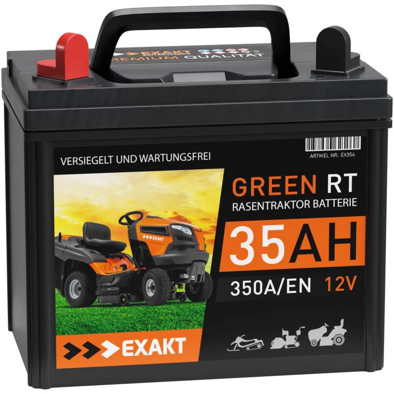 EXAKT Rasentraktor Batterie 35Ah 12V 350A/EN Aufsitzmäher Aufsitzrasenmäher Starterbatterie statt 30Ah 32Ah Pluspol Links von Exakt