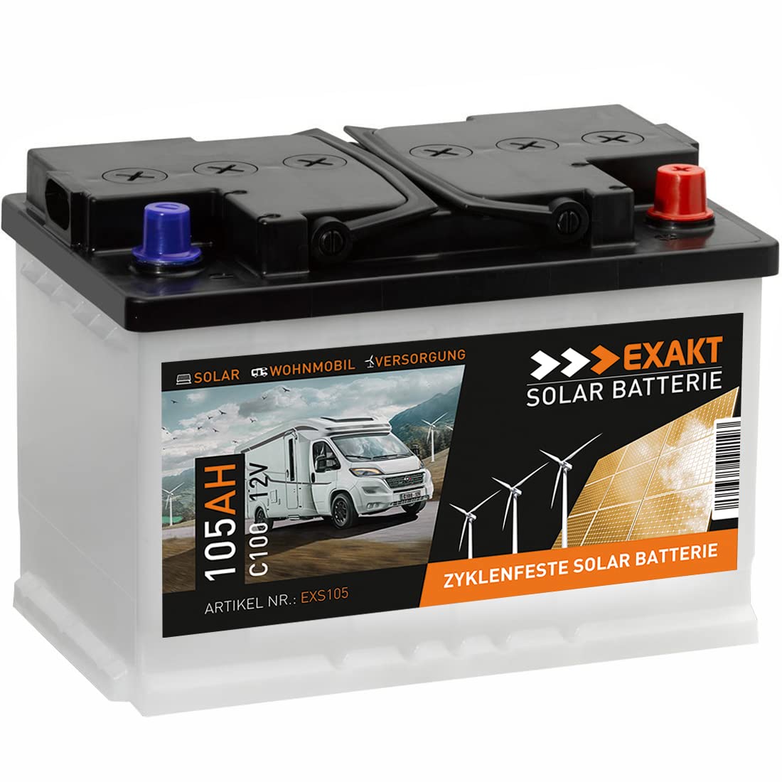 EXAKT Solarbatterie 105Ah 12V Wohnmobil Verbraucher Versorger Boot Photovoltaik Solar Batterie 100Ah von Exakt