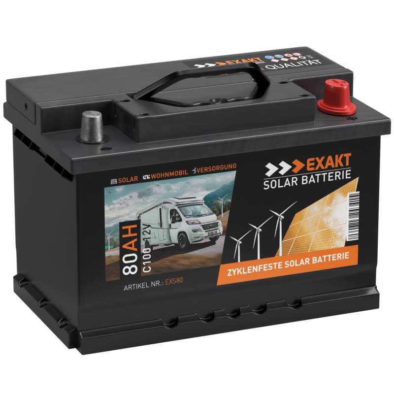 EXAKT Solarbatterie 12V 80Ah Wohnmobil Boot Antrieb Versorgung Mover Photovoltaik Windkraft Batterie ersetzt 75Ah 70Ah von Exakt