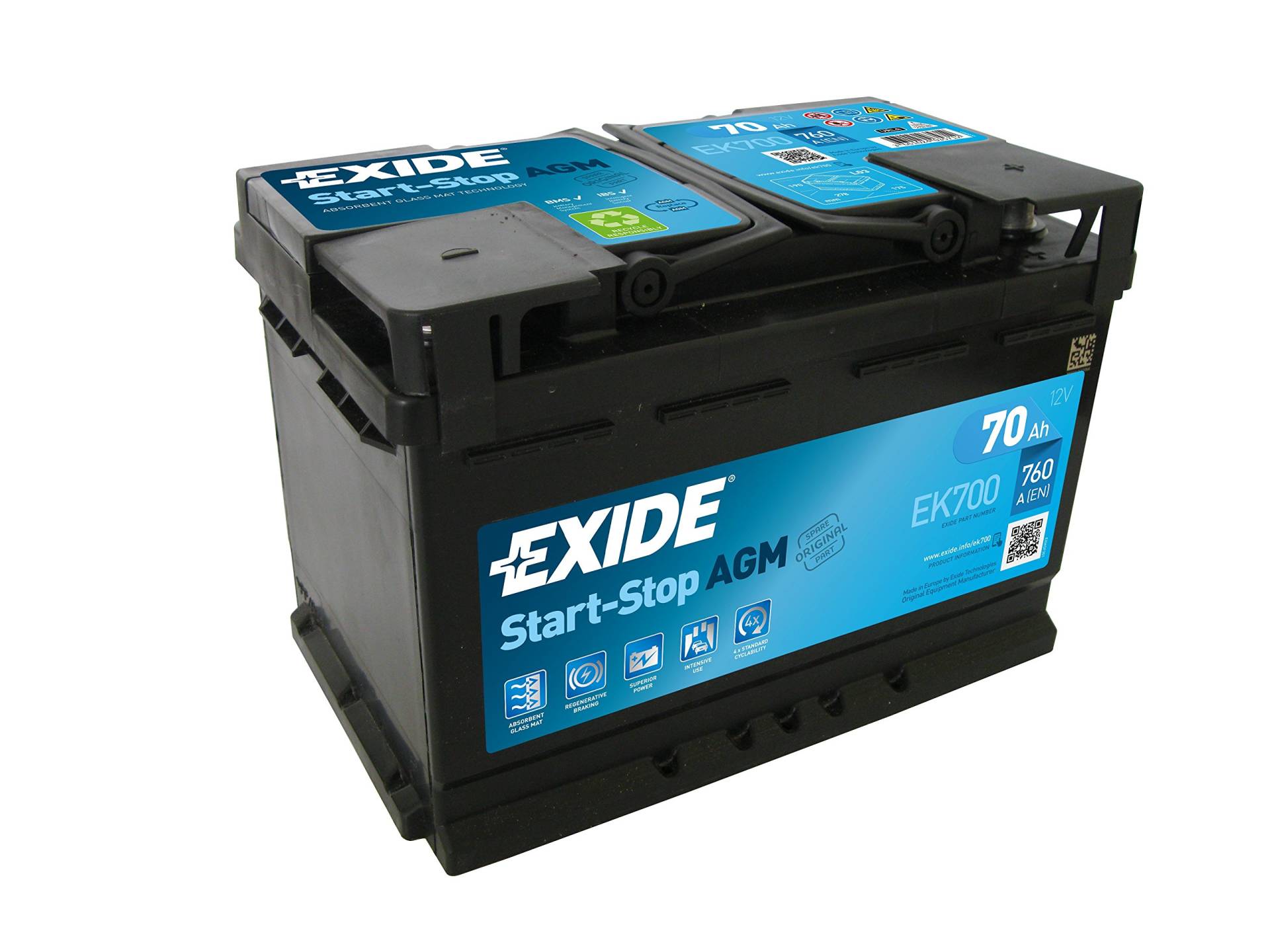 Exide EK700 AGM Starter-Batterie Start-Stop 12V 70Ah 760A von Exide Batteries