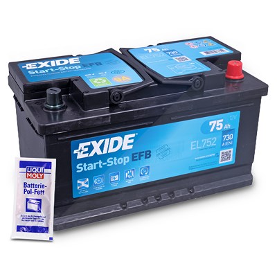 Exide EL752 EFB Starterbatterie 75Ah 730A + 10g Batterie-Pol-Fett [Hersteller-Nr. EL752] für Alfa Romeo, Alpina, Aston Martin, BMW, Chevrolet, Chrysle von Exide