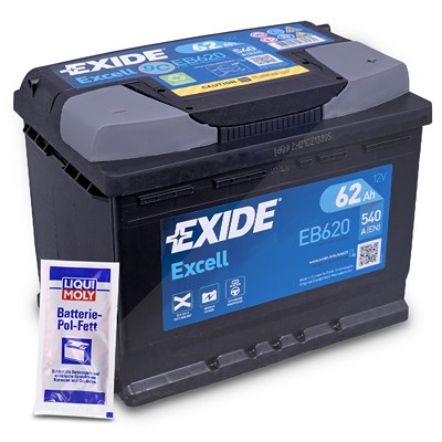 Exide Excell EB620 Starterbatterie 62Ah 540A + 10g Batterie-Pol-Fett [Hersteller-Nr. EB620] für Abarth, Alfa Romeo, Alpina, Audi, Austin, Bentley, BMW von Exide