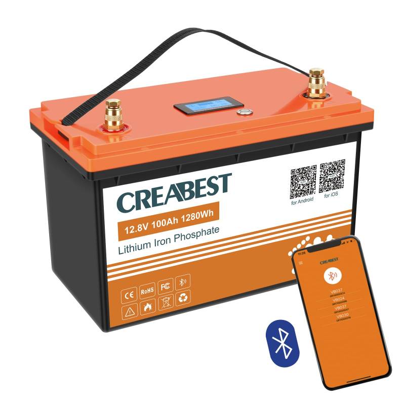 12V 100Ah CREABEST LiFePO4 Batterie, BMS Bluetooth-Funktion, Tiefzyklus-Batterie mit max. 1280W Ausgangsleistung, perfekt für Solar, Off-Grid System von Exmate