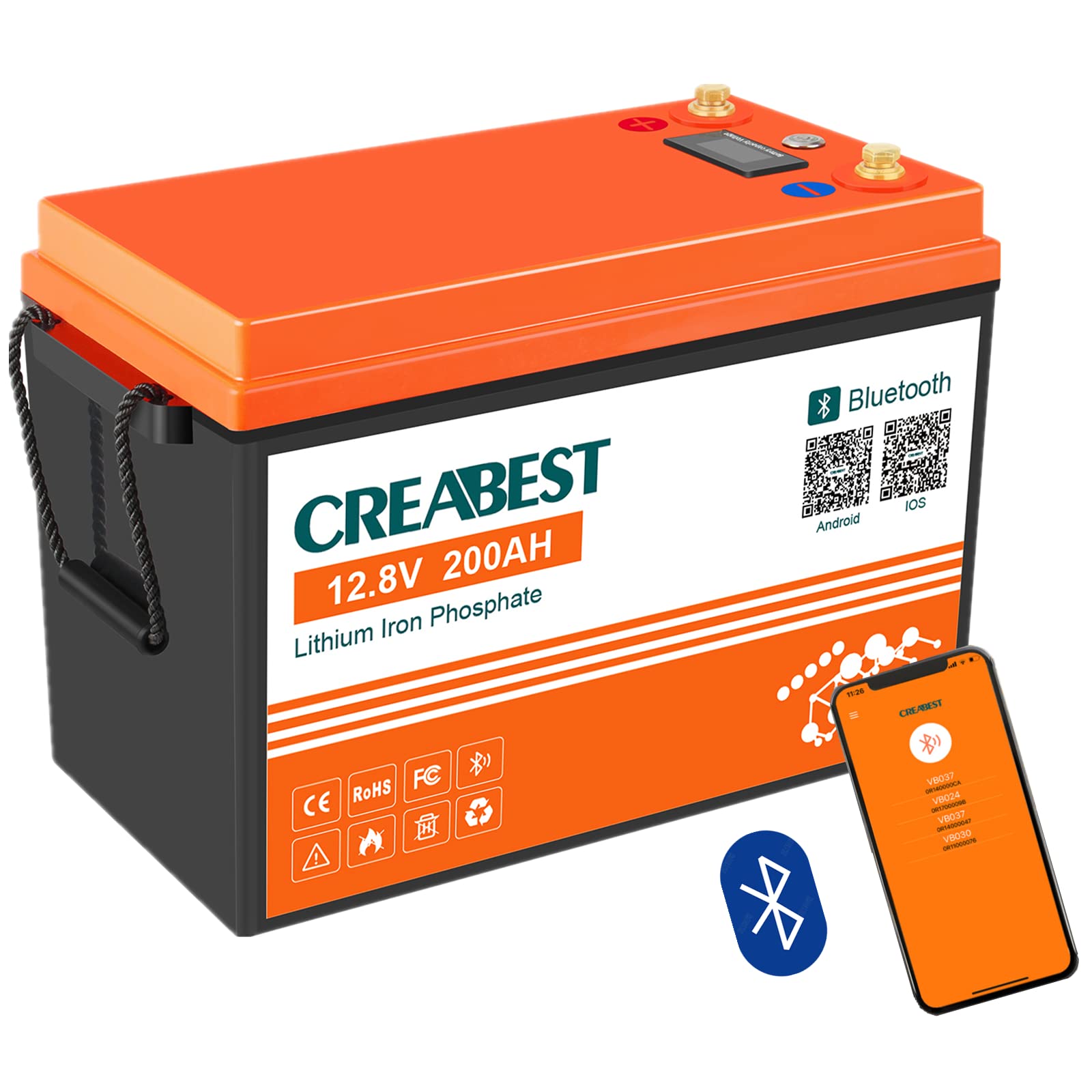 12V 200Ah CREABEST LiFePO4-Batterie, integriertes BMS Bluetooth-Funktion, Tiefzyklus-Batterie mit max. 2560W Ausgangsleistung, perfekt für Ihr Wohnmobil, Solaranlage, Wohnwagen und Off-Grid von Exmate