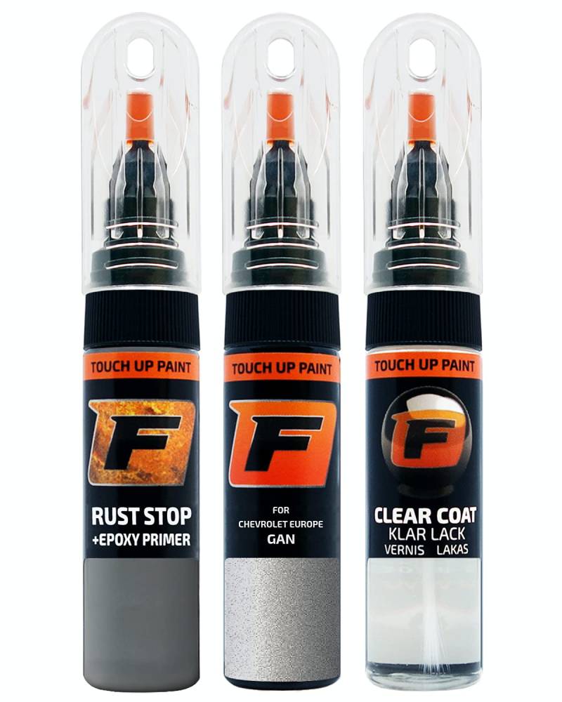 FIRANTO Lackstift Autolack Reparaturset für Chevrolet Europe GAN Switchblade Silver/Ice Silver - 3-in-1 Autolack Kratzer Reparaturstift 15ml Grundierung, Klarlack von F FIRANTO