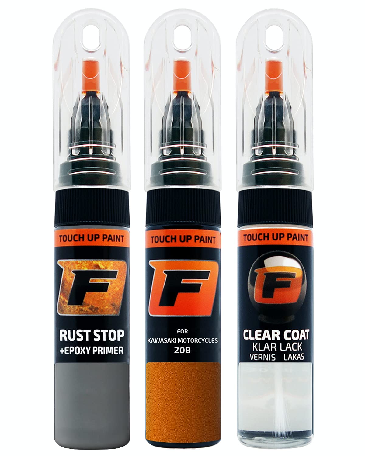 FIRANTO Lackstift Autolack Reparaturset für Kawasaki Motorcycles 208 Orange Candy Sparkling - 3-in-1 Autolack Kratzer Reparaturstift 15ml Grundierung, Klarlack von F FIRANTO