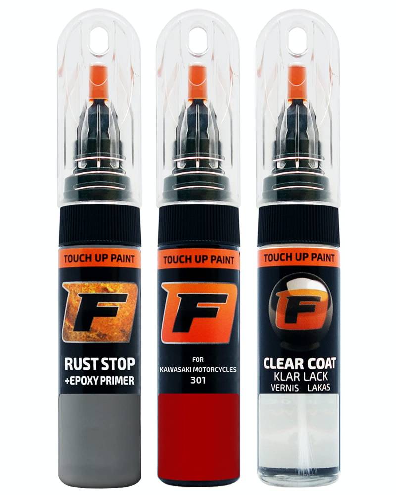 FIRANTO Lackstift Autolack Reparaturset für Kawasaki Motorcycles 301 Red - 3-in-1 Autolack Kratzer Reparaturstift 15ml Grundierung, Klarlack von F FIRANTO