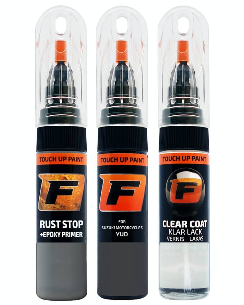 FIRANTO Lackstift Autolack Reparaturset für Suzuki Motorcycles YUD Solid Irongray - 3-in-1 Autolack Kratzer Reparaturstift 15ml Grundierung, Klarlack von F FIRANTO