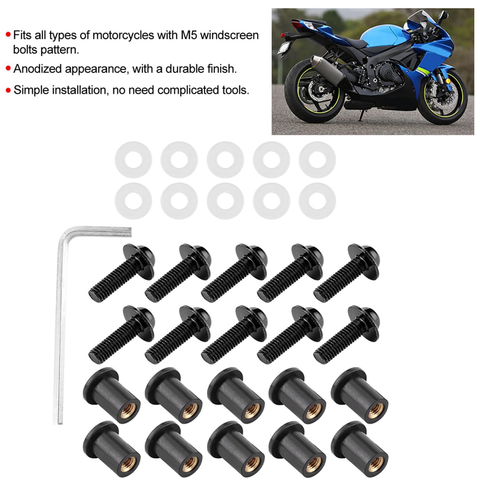 F&Y 10pcs Motorrad -Windschutzscheiben -Bolzen -Kit - Montage -Set mit Muttern und Unterlegscheiben für das Motorrad (Schwarz) von F&Y