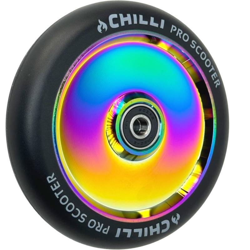 Chilli Pro Scooter Hollowcore Rolle Sondergrösse FAT 120 x 27mm I Rollstuhl Sport Lenkrollen I Hobby Bobbycar Downhill Racing Rennen I Street I Abec 9 Kugellager (Rainbow Neochrome/Pu Schwarz) von F26