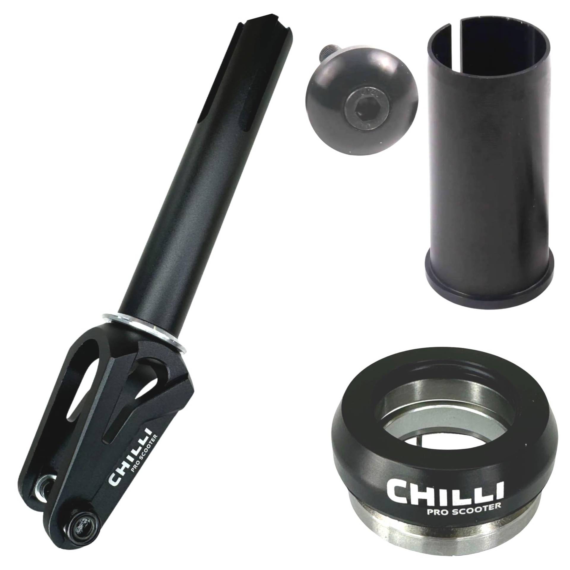 Chilli Pro Scooters FAT27+ 24 Stunt-Scooter Fork HIC Komplettset mit Steuersatz Trick Roller Ersatz Tuning Gabel passend für 100 I 110 I 120mm Rollen Schwarz von F26