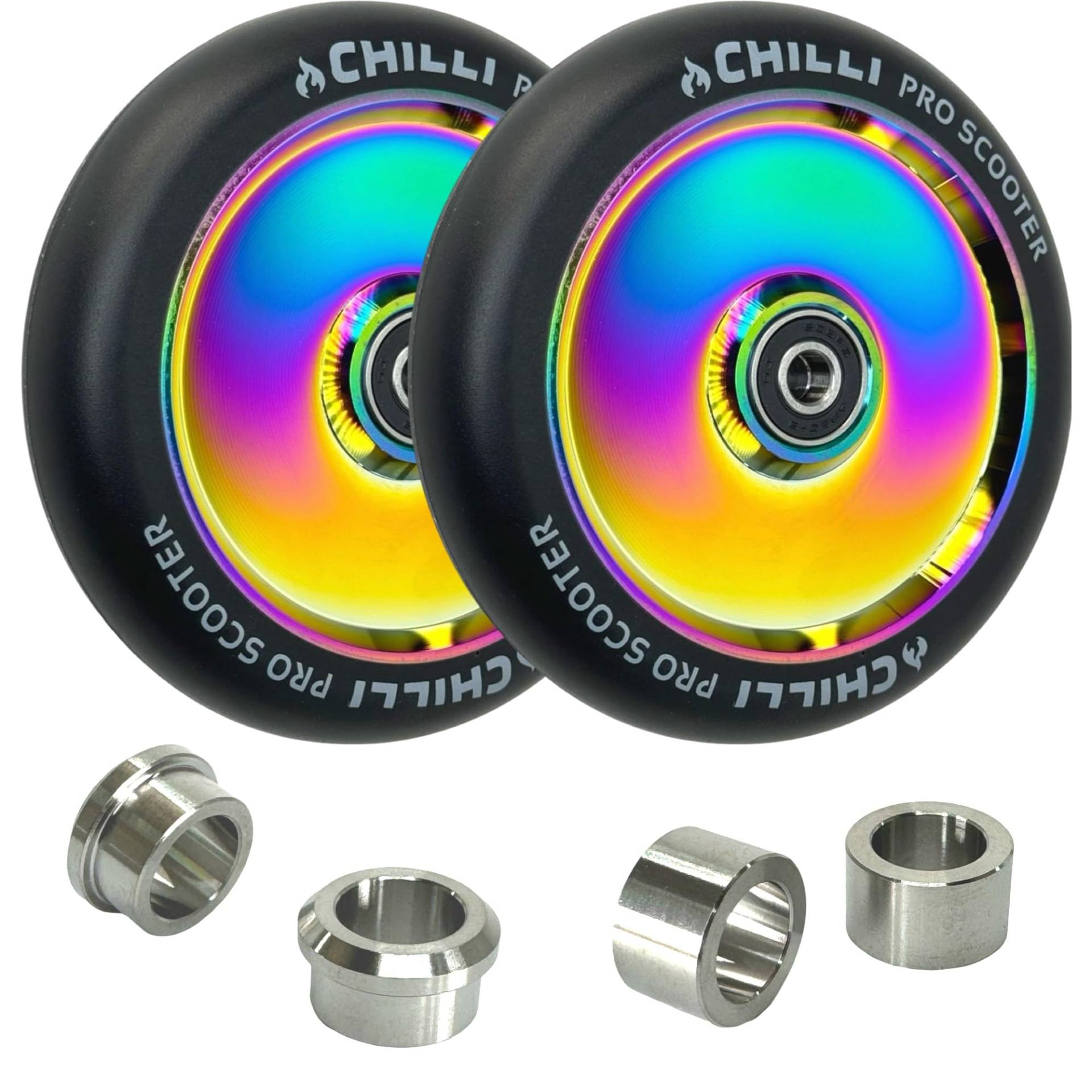 Pro Stunt-Scooter Hollowcore Rollen 120 mm SET+ Titan Spacer nur für Blunt Prodigy S6, S7, S8, S9, X, KOS S5, S6, Colt S5 passend (Rainbow Neochrome) von F26