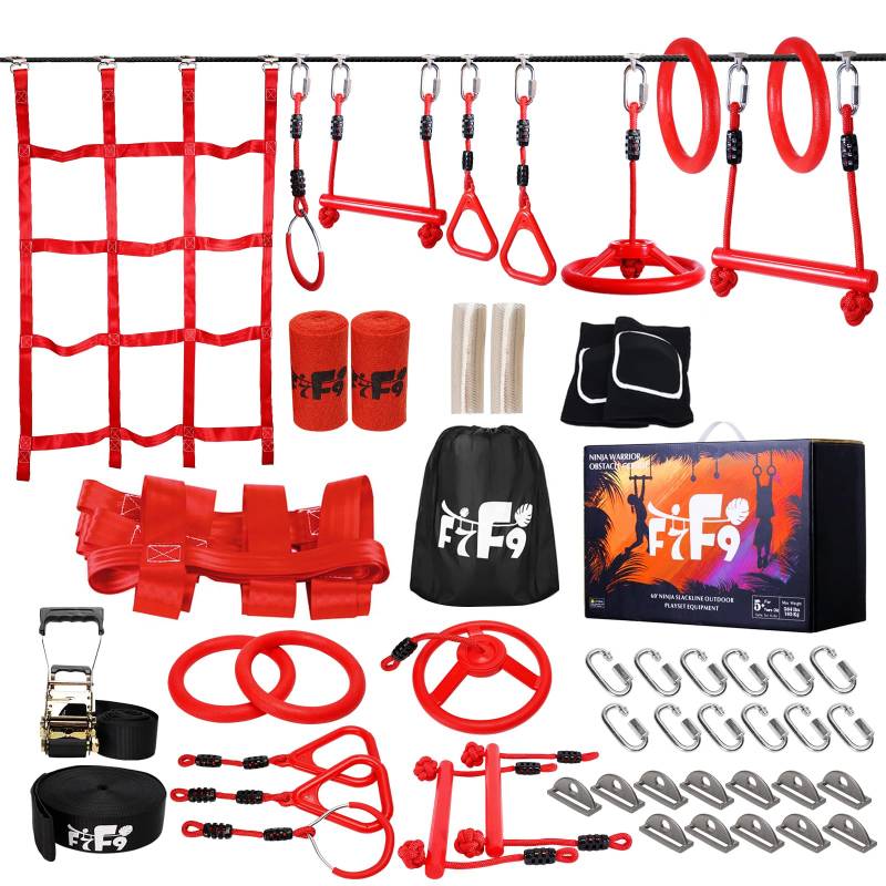 Ninja Warrior Slackline Set für Kinder, 15M Ninja Line mit komplettem und Sicherheit Zubehör von F7F9