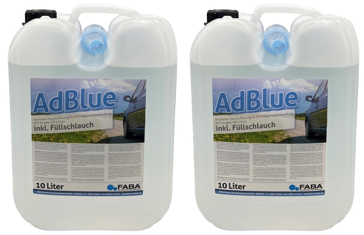 FABA AdBlue hochreine Harnstofflösung für SCR Abgasnachbehandlung 2x10 Liter mit Einfüllschlauch von FABA