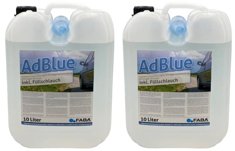 FABA AdBlue hochreine Harnstofflösung für SCR Abgasnachbehandlung 2x10 Liter mit Einfüllschlauch von FABA