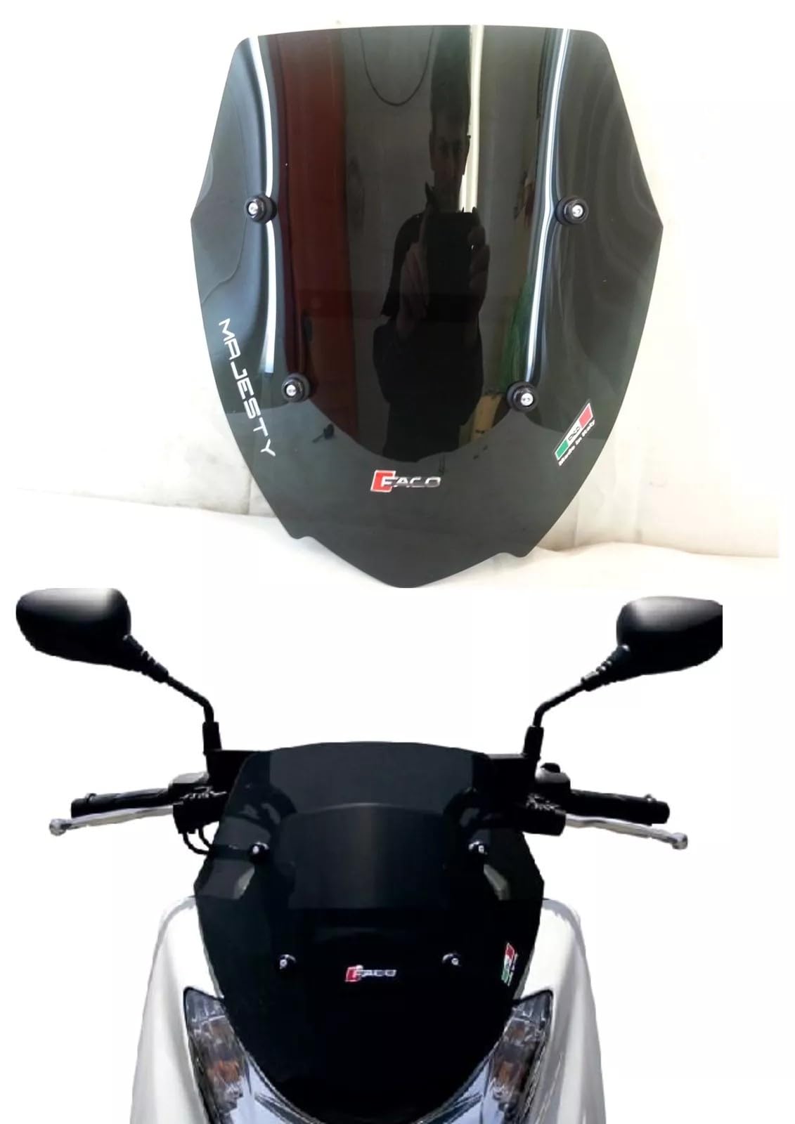 Windschild, dunkelgrau, kompatibel mit Yamaha Majesty 125 2014, Code 28335, Marke FACO Höhe 380 mm, Breite 360 mm, 1 Scheibe, 1 Satz Befestigungen und Schrauben von FACO