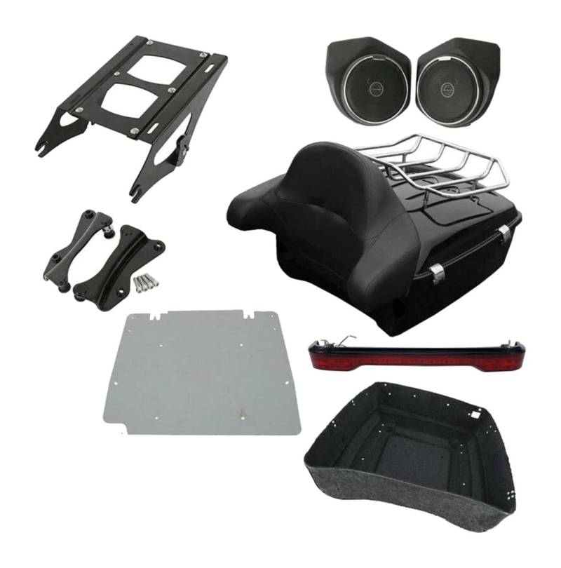 FAHBSTR Motorrad-Gepäckträger Für H&Arley Für Road King FLHR 2014-2024 Motorrad Pack Trunk Rack Rückenlehne Lautsprecher Rücklicht(Len Red Rack Black) von FAHBSTR