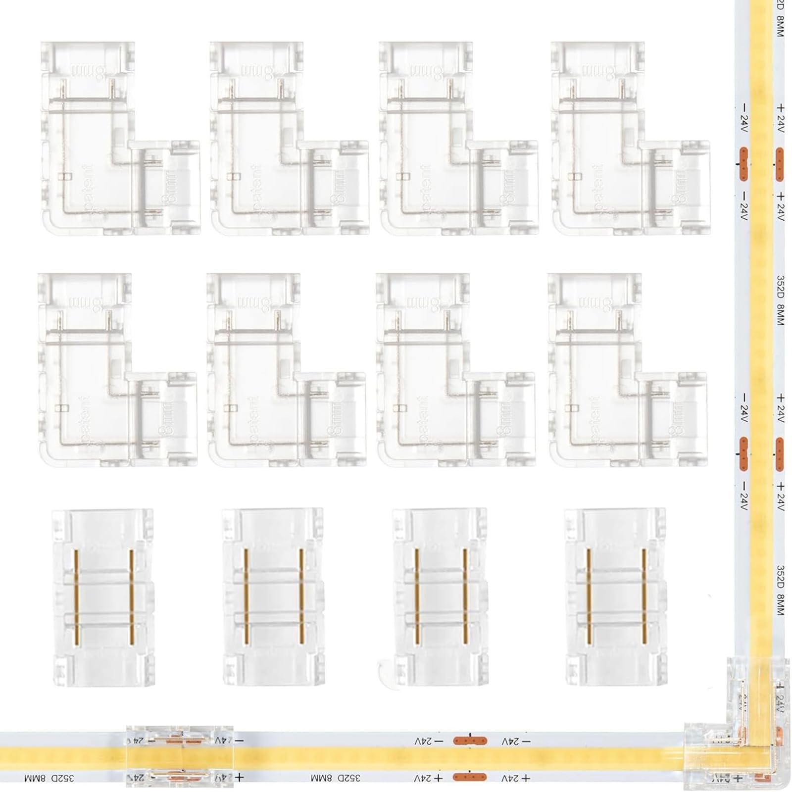 FAINCA 8 Stück Led Eckverbinder, Led Strip Verbinder 2 Polig, Led Strip Connector, Led Streifen Eckverbinder, mit 4 Stück Transparente Mittelverbinder, für 10mm Breite Cob Led Streifen 2pin von FAINCA