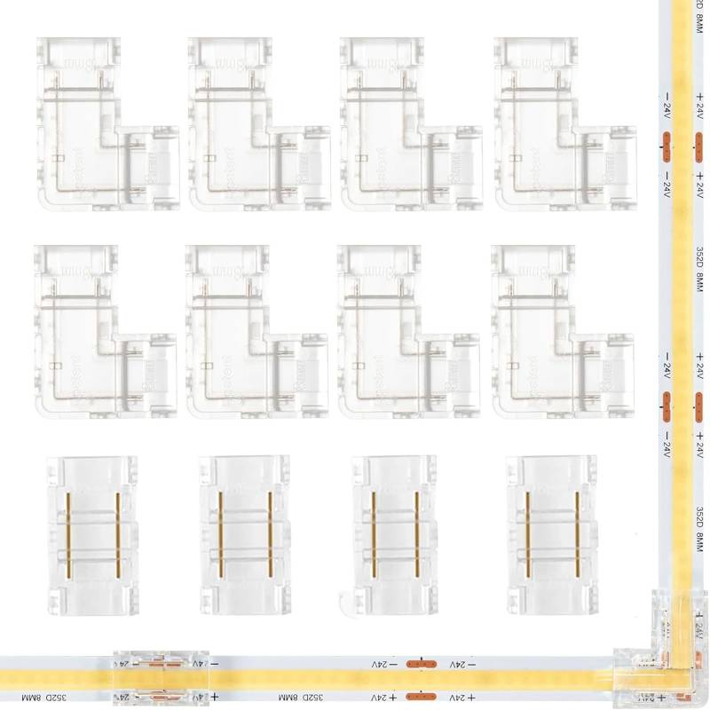 FAINCA 8 Stück Led Eckverbinder, Led Strip Verbinder 2 Polig, Led Strip Connector, Led Streifen Eckverbinder, mit 4 Stück Transparente Mittelverbinder, für 10mm Breite Cob Led Streifen 2pin von FAINCA