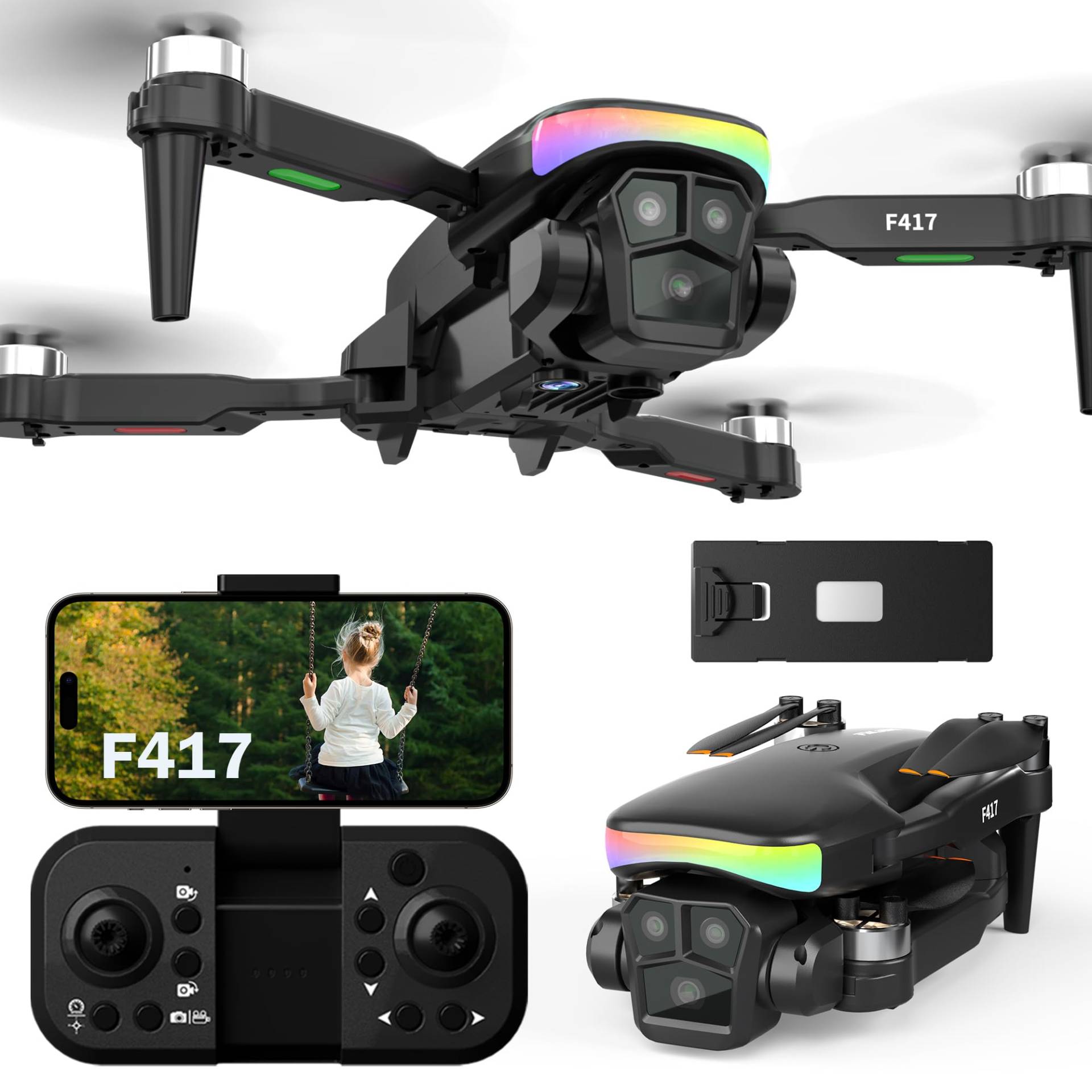 F417 Drohne mit Kamera 1080P für Kinder,90°LED Bunt Lampe Bürstenlosem Drone mit WiFi Übertragung,FPV Dual Kamera Drones für Anfänger,Kameradrohne outdoor RC Quadrocopter für Jungen Mädchen,Handtasche von FAKJANK