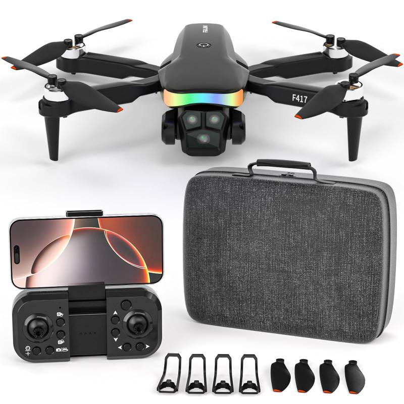 F417 Drohne mit Kamera 1080P für Kinder,90°LED Bunt Lampe Bürstenlosem Drone mit WiFi Übertragung,FPV Dual Kamera Drones für Anfänger,Kameradrohne outdoor RC Quadrocopter für Jungen Mädchen,Handtasche von FAKJANK