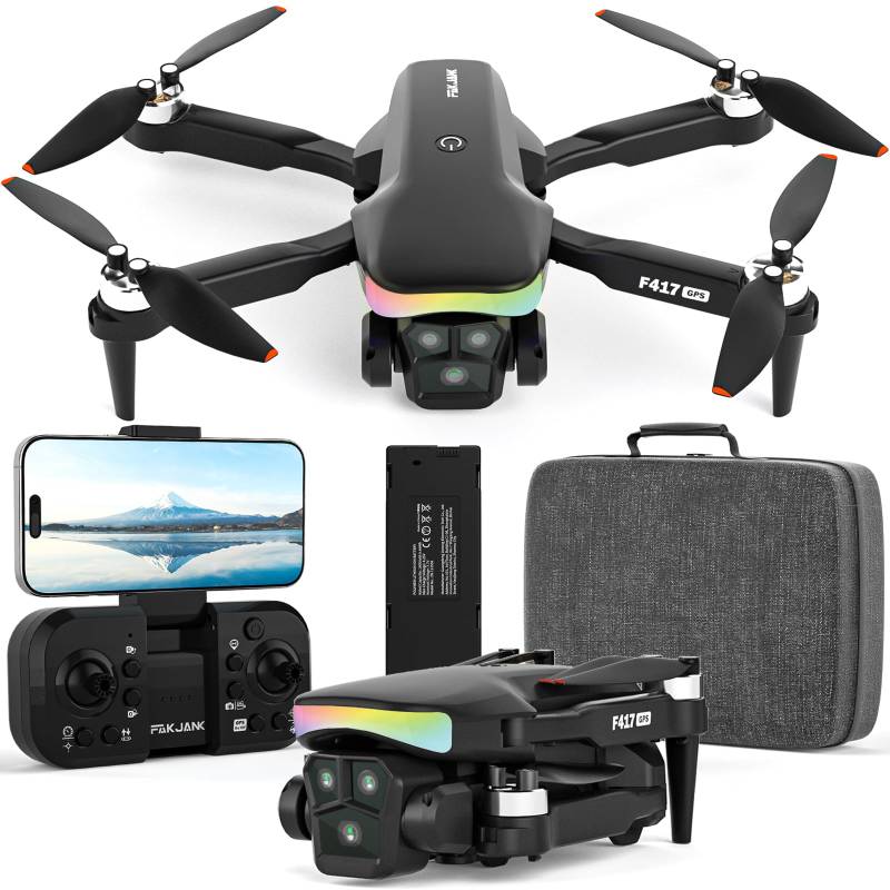 F417 GPS Drohne mit Kamera 4k für Erwachsene Kinder,RGB LED Licht 90°Elektrisch Adjust Linse,Professionelle GPS Drohne 5GHz WiFi Live Video,RC FPV Drohne Auto Rückkehr,Follow Me,Handtasche,unter 250g von FAKJANK