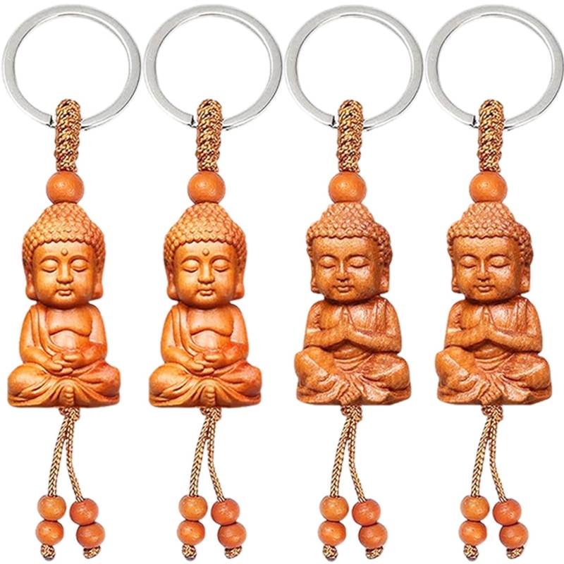 4 Stück Buddha Anhänger, Schnitzerei Buddha Figur Klein Glücksbringer Buddha Schlüsselanhänger DIY Autozubehör ZubehöR Glücksbringer Geschenk Deko von FAKKA