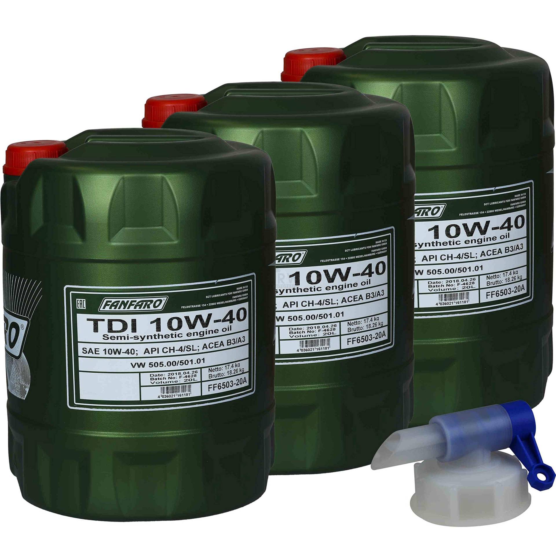 3x20 Liter FANFARO TDI 10W-40 API CH-4/SL Motoröl Engine Oil Öl inkl Auslaufhahn von FANFARO