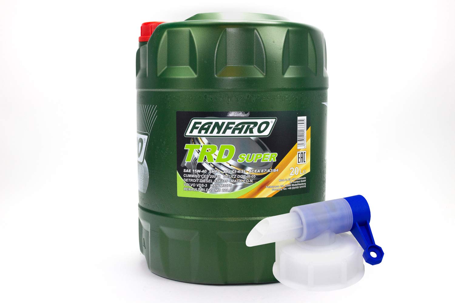 Motoröl FANFARO TRD Super SHPD 15W-40 API CI-4 CHJ-4 CG-4 SL 20 Liter inkl. Auslasshahn von FANFARO