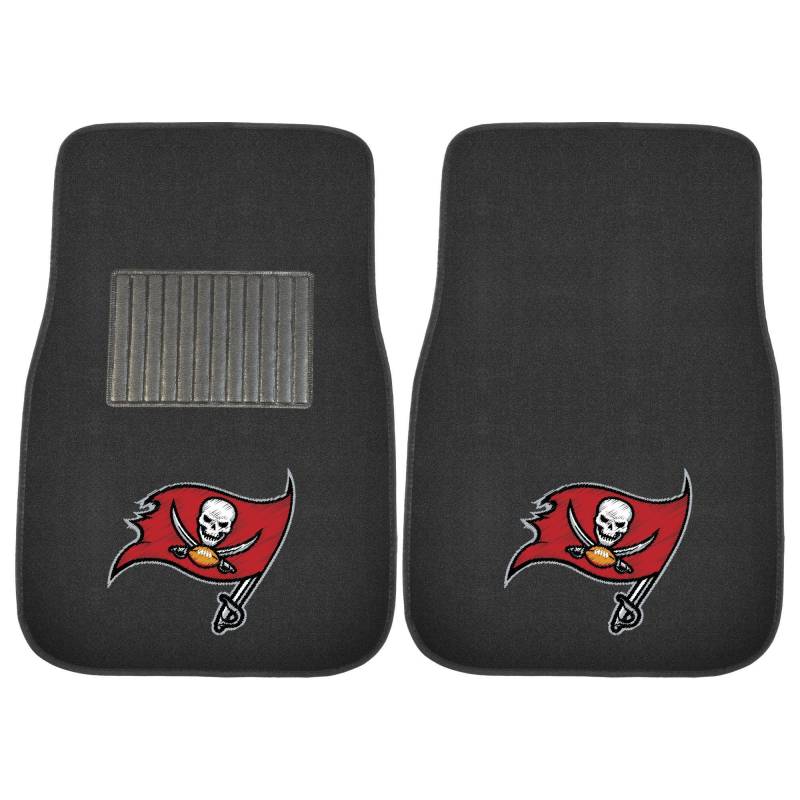 FANMATS 20602 NFL – Tampa Bay Buccaneers Automatten-Set für Vordersitze, Bestickt, Schwarz, 43,2 x 64,8 cm, Piratenflagge, Primärlogo von FANMATS