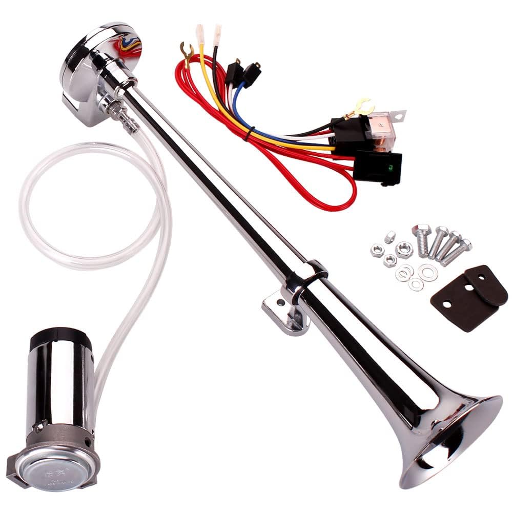 FARBIN 12V 150db Luft Horn Kit, Super Loud 45 Zentimeter Chrom Zink Einzelne Trompete LKW Horn, Zug Horn mit Kompressor für irgendwelche 12V Fahrzeuge (12V, Einzelrohr Luft horn) von FARBIN