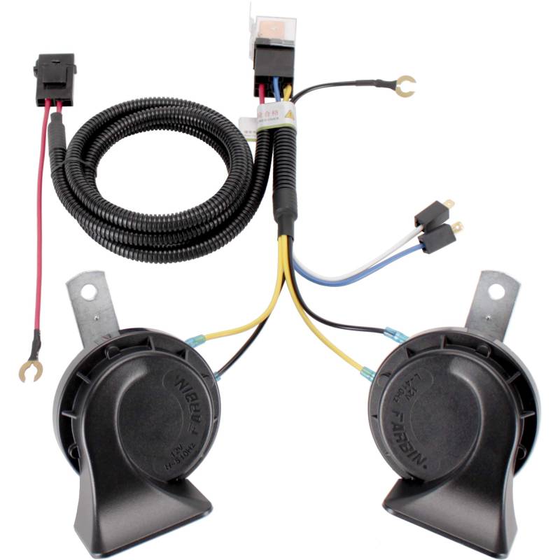 FARBIN 12V Auto Horn Loud Electric Air Horn Zug Horn Kit für LKW mit Relais Harness Horn für Auto LKW SUV Motorrad Boot (12V, Schwarzes Horn mit Kabelbaum) von FARBIN