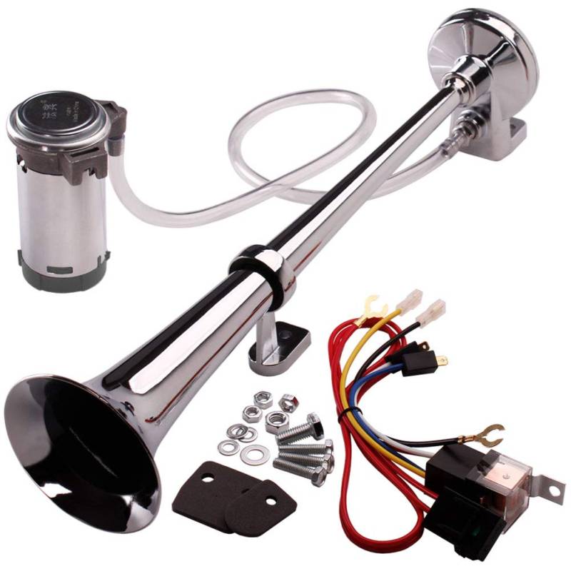 FARBIN 24V 150db Zug Luft Horn Super Loud 18 Zoll Chrom Zink Einzelne Trompete LKW Luft Horn Kit mit Kompressor und Kabelbaum für Alle 24V Fahrzeuge (24V, Einzelrohr Luft horn) von FARBIN