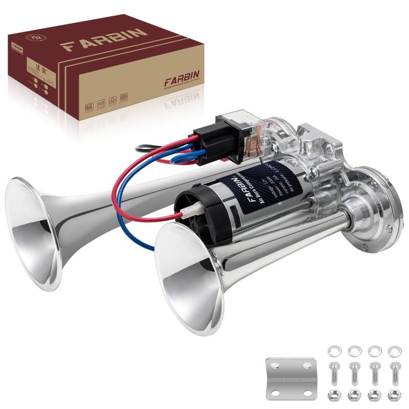 Hupe 12v Elektrische Lufthorn Hupe Kompressor Drucklufthorn Single Trompete Chrom Zink Dual Trompete Air Horn mit Kompressor für alle 12V Fahrzeuge LKW Lörries Züge Boote Cars Vans FARBIN von FARBIN