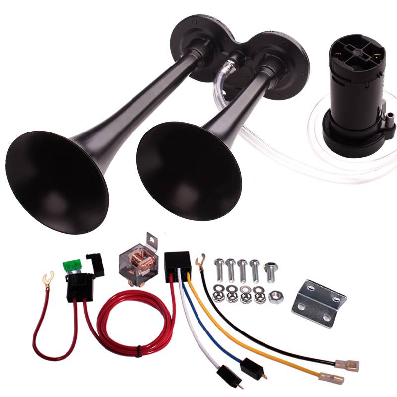 FARBIN Auto Horn 12V 150db Super Loud Air Horn, Dual Trompete Zug Horn Kit für LKW, LKW Horn mit Kompressor und Kabelbaum (12V, Schwarzes Doppelrohr Luft horn) von FARBIN