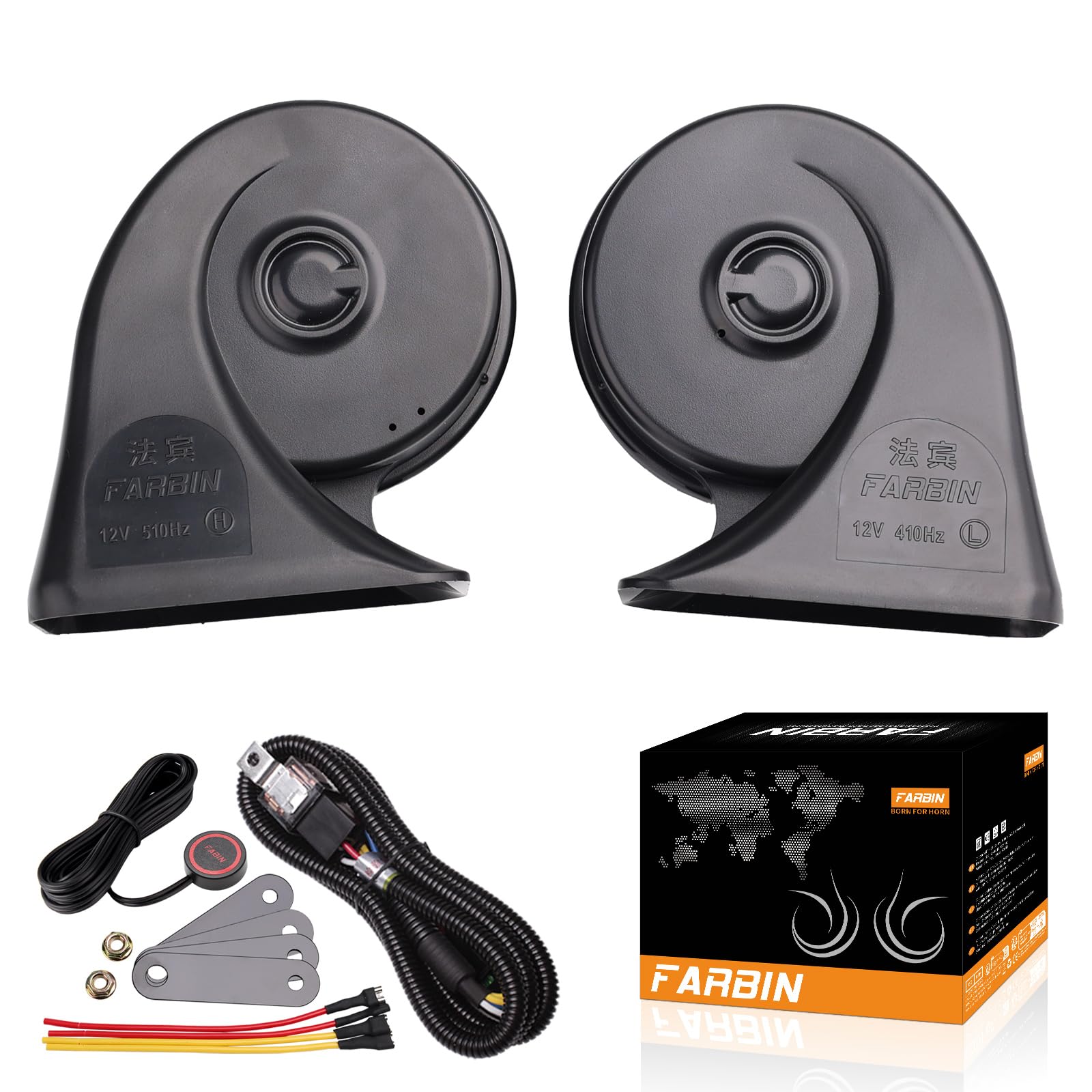 FARBIN Auto Horn Kit mit Knopf Wasserdichte Auto Horn 12v Super Loud Zug Horns Elektrische Schnecke Horn Luft Horns LKW Horn Universal für Auto Motorrad LKW Boot（Boutique Horn mit Kabelbaum und Knopf） von FARBIN